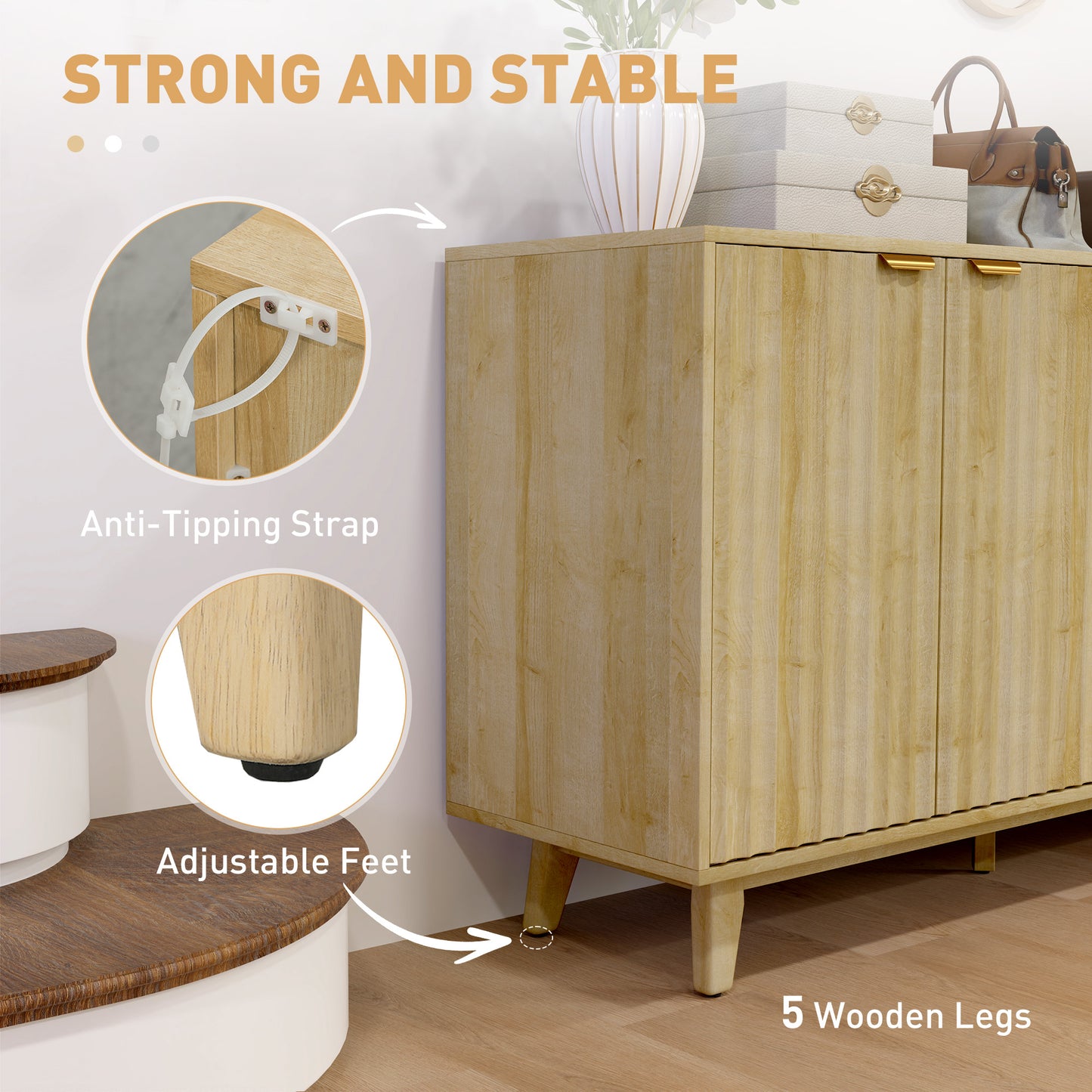 HOMCOM fluted sideboard, 140 cm bar cabinet, 4 doors, 2 adjustable shelves, 5 wooden legs, natural wood
