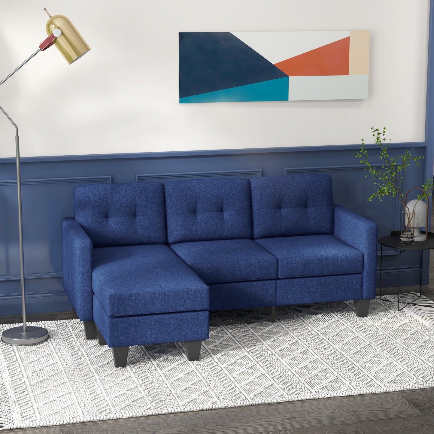 HOMCOM L-Shaped Corner Sofa, 3 Seater Sectional Sofa with Ottoman, Thick Cushion and Wooden Legs, Dark Blue