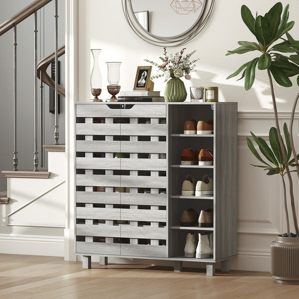 Meuble à chaussures pour 21 paires avec armoire à double porte à 5 niveaux, gris clair