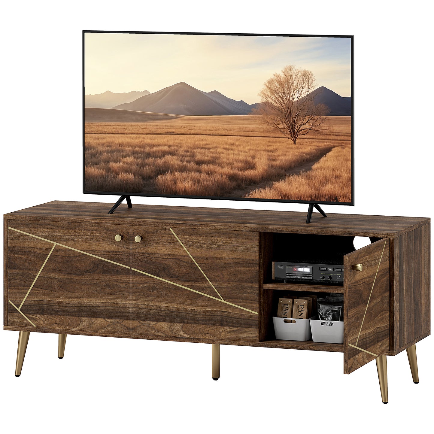 HOMCOM Modern TV Stand for TVs up to 60 inches, with Adjustable Shelves and Cable Management for Living Room, Rustic Brown