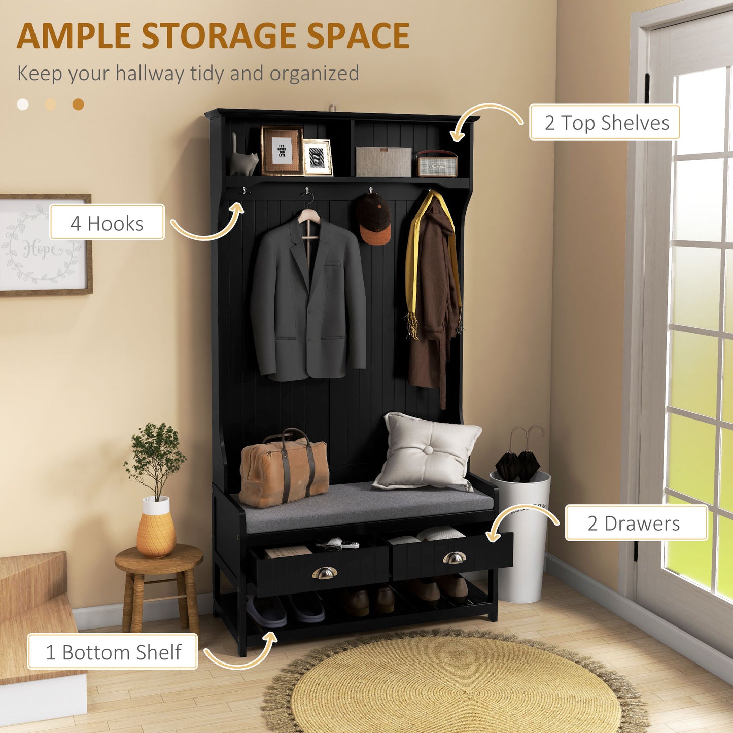 Hallway bench with 4 hooks, 2 drawers, 2 shelves, black