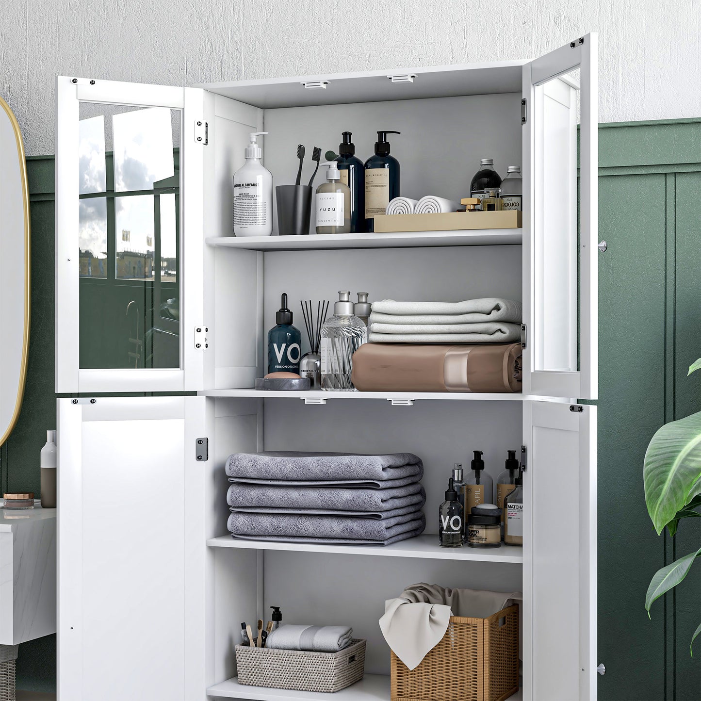 Modern Bathroom Vanity with Glass Doors and 5 Tier Barn Doors, White