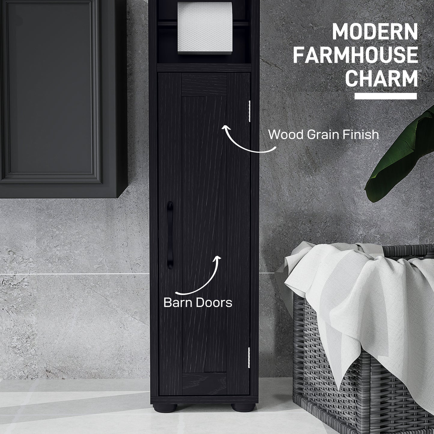 Narrow bathroom vanity with barn doors, drawer and adjustable shelves, black wood look