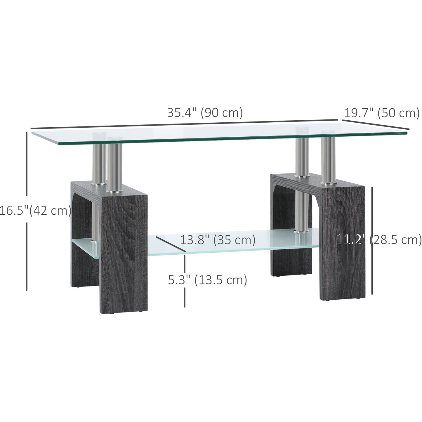 Table basse rectangulaire en verre avec plateau en verre trempé et étagère de rangement pour salon, gris
