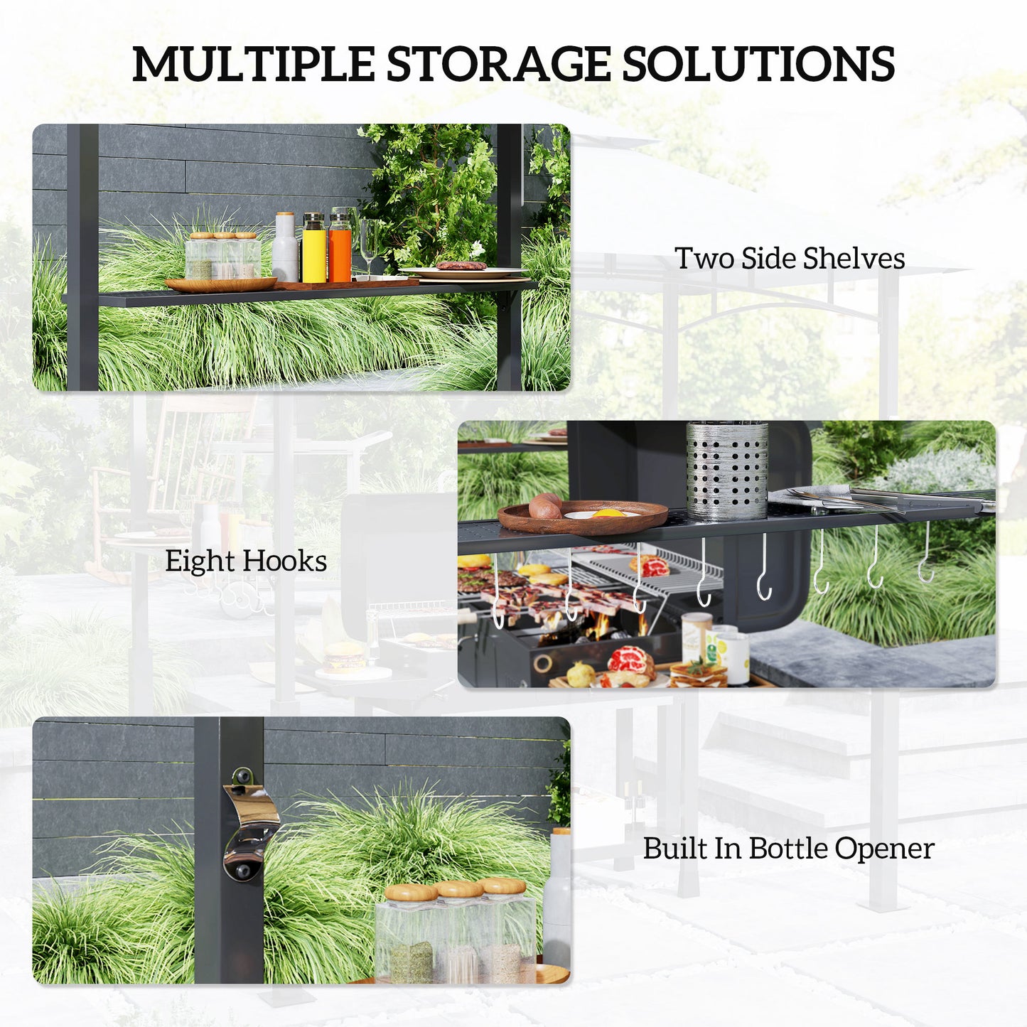 Outsunny 8' x 5' Grill Gazebo, Double Tiered BBQ Gazebo with LED Light, 2 Side Shelves, Hooks and Bottle Opener, Dark Gray |