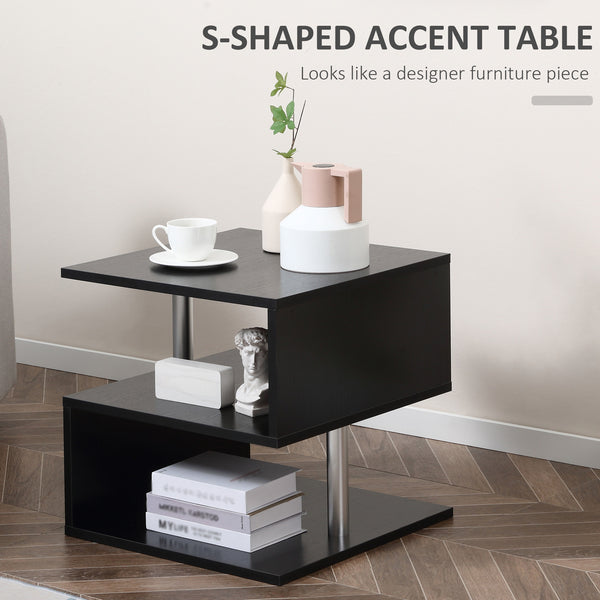 Table d'appoint en bois en forme de S avec 3 étagères de rangement, noir