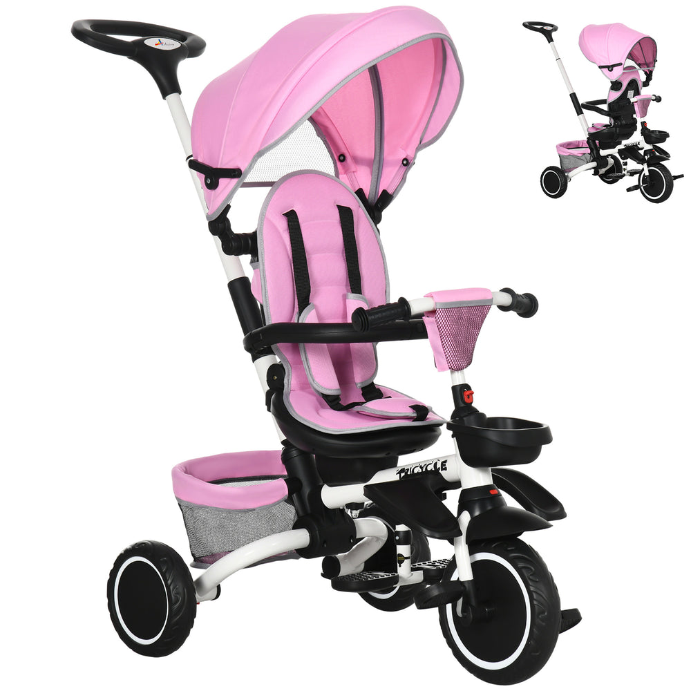 Tricycle 6 en 1 pliable avec siège réglable et poignée de poussée, rose