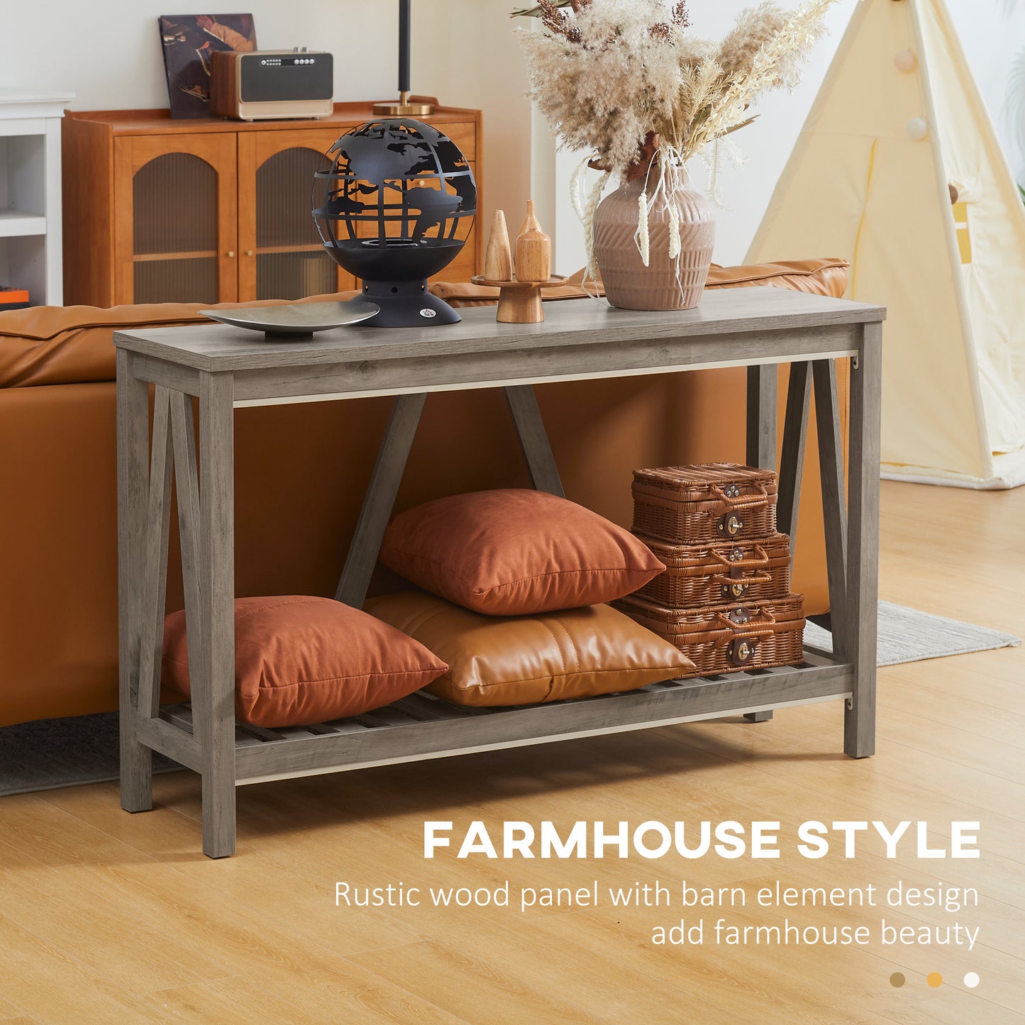Table d'entrée style rustique avec étagère de rangement pour salon et couloir, gris vieilli