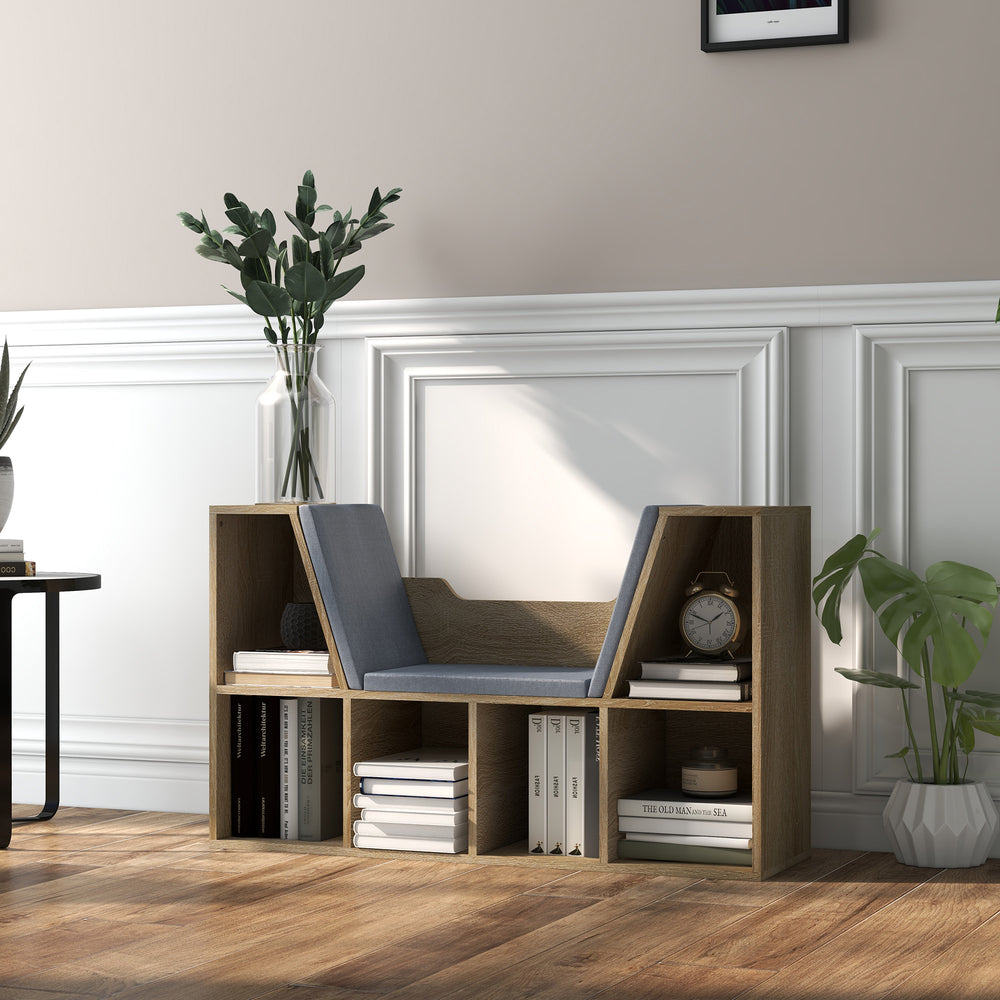 Bibliothèque à 6 compartiments avec coussin pour coin de lecture, bureau, chêne