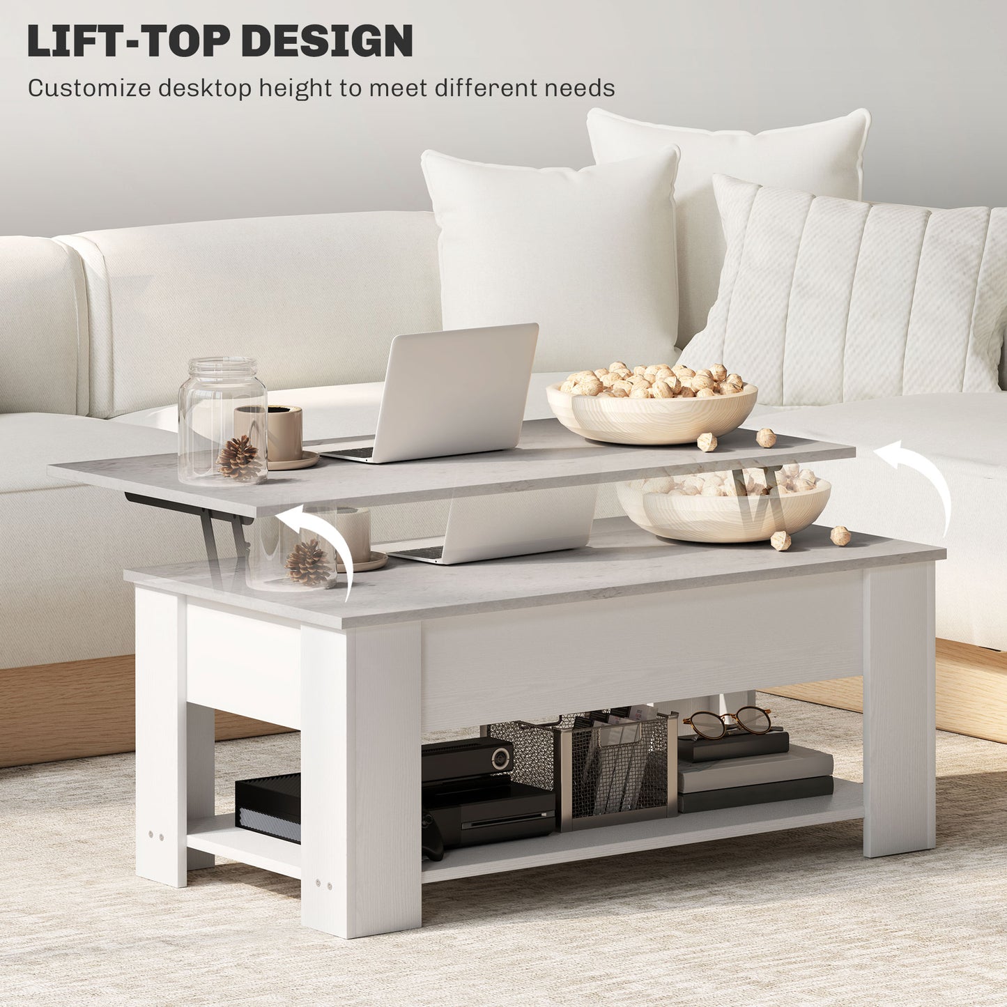 Table basse relevable avec compartiment de rangement dissimulé et étagère ouverte, blanche