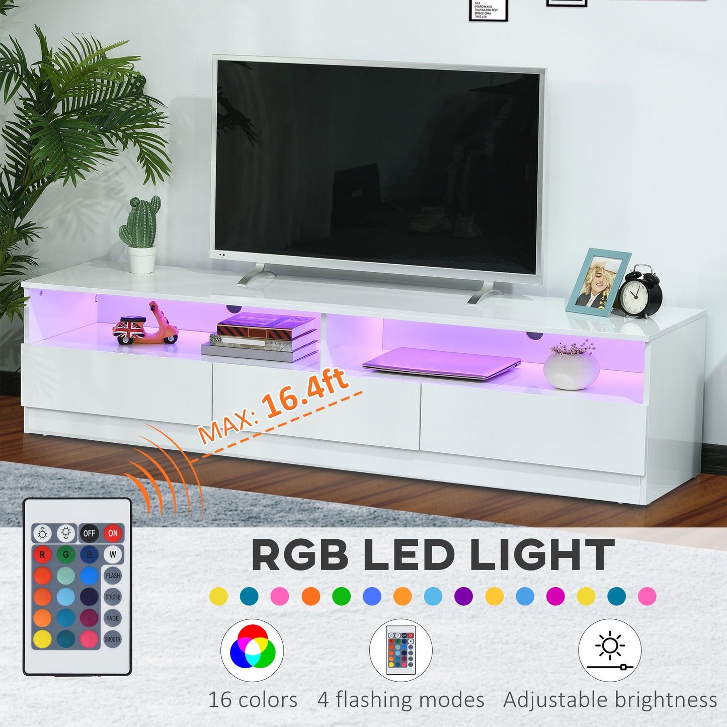 Meuble TV avec éclairage LED pour téléviseurs jusqu'à 75 pouces, blanc brillant