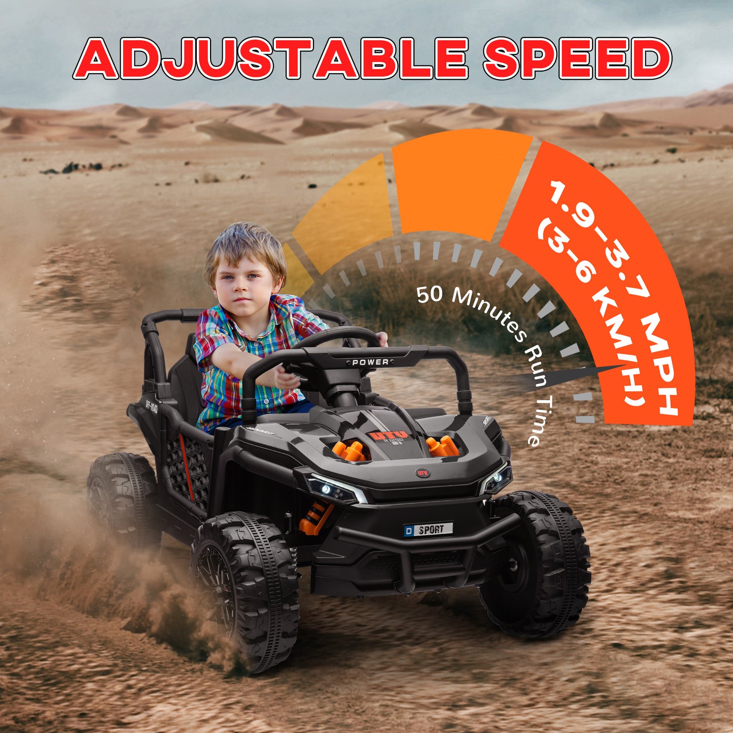 12V Kids Car, Remote Control Truck, Spring Suspension, LED Headlights, 3 Speeds, Black