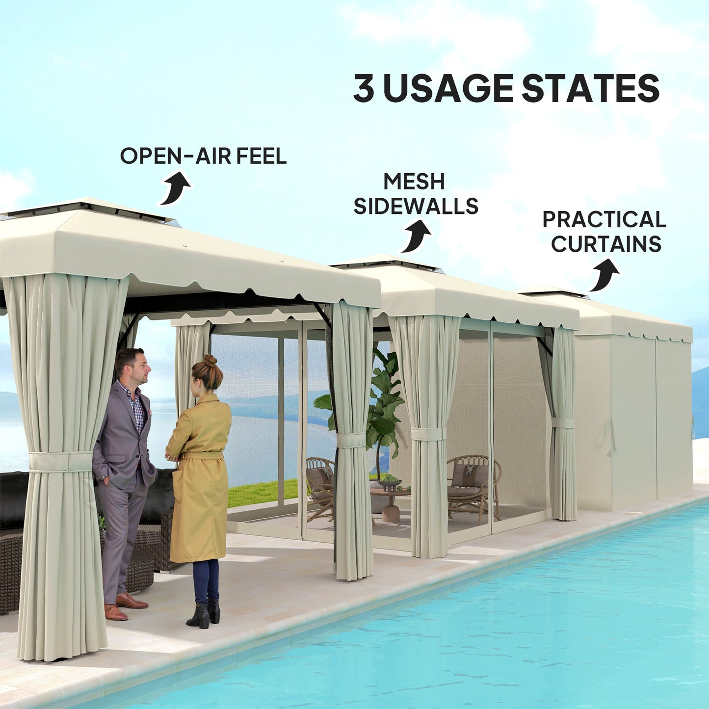 Gazebo 10' x 10' d'extérieur double toit souple avec rideaux et moustiquaires, blanc crème