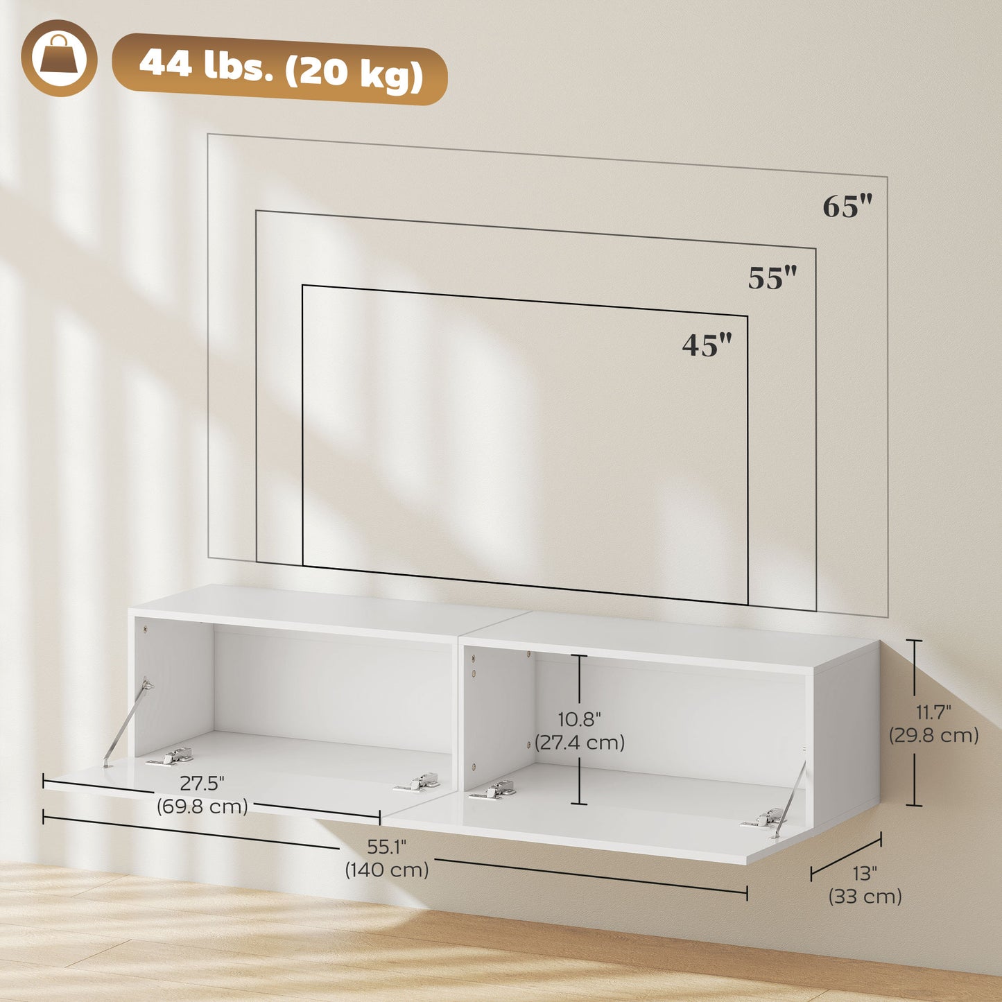 Meuble TV mural avec rangements pour téléviseurs 45, 55 et 65 pouces, blanc
