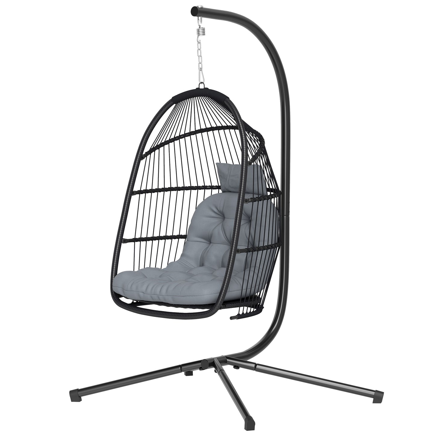 Outsunny Wicker Swing with Stand, Foldable and Hanging, UV Resistant Cushion and Headrest, Dark Grey