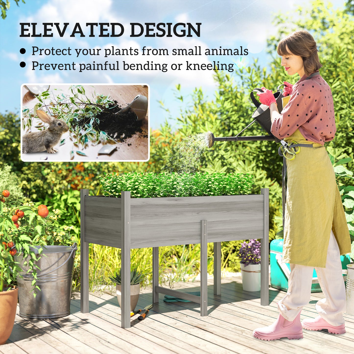 Outsunny Wooden Raised Bed with Drainage Holes for Vegetables, Flowers and Outdoor Garden Beds, 115 x 55 x 80 cm, Grey