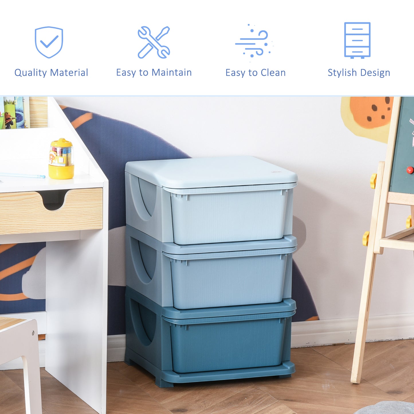 Organiseur de jouets pour enfants à 3 tiroirs en plastique, bleu