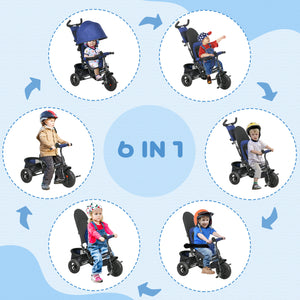 Tricycle 6 en 1 pour tout-petits de 1 à 5 ans avec poignée parentale, bleu foncé