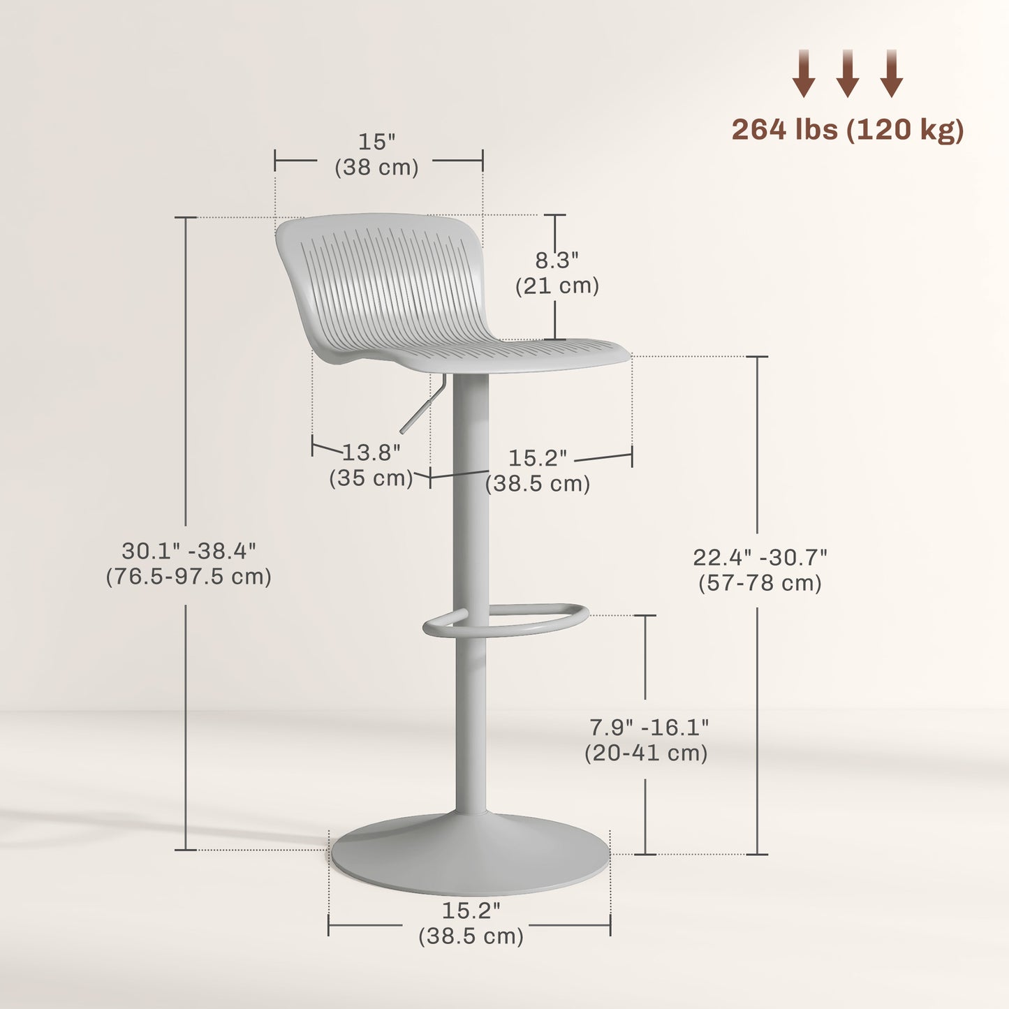 Lot de 2 tabourets de bar pivotants en polypropylène, hauteur réglable, repose-pieds et dossier, gris