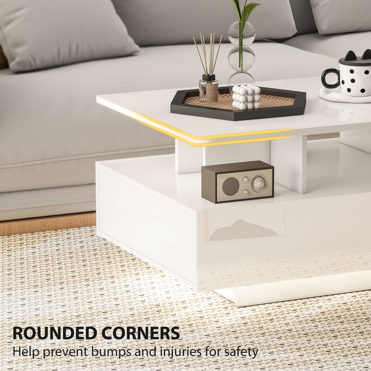 Table basse avec éclairage LED RVB avec 4 tiroirs, étagère ouverte, télécommande, blanc brillant