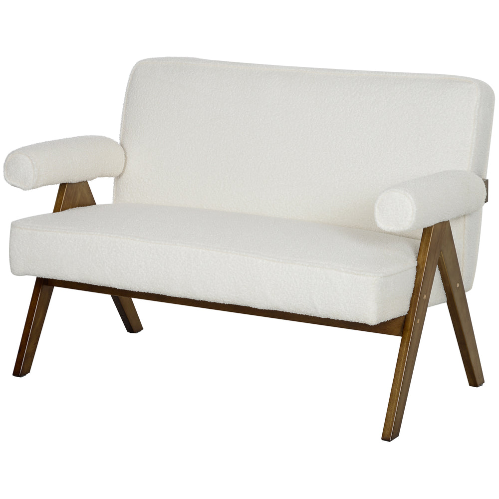 Canapé 2 places en tissu Boucle avec rembourrage épais et pieds en bois, blanc crème