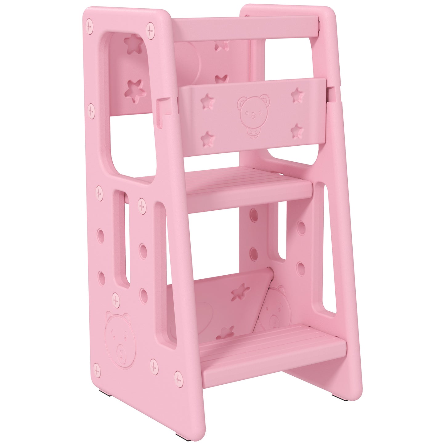 Toddler Kitchen Stool, 2 Steps, with Height Adjustable Platform and Safety Rail, Pink