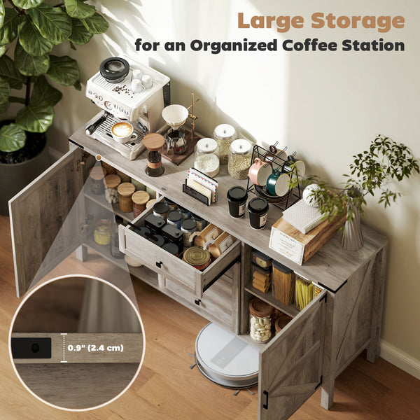 Buffet de style campagnard, avec plateau épais, 2 portes de grange, 4 tiroirs et 2 étagères réglables, gris