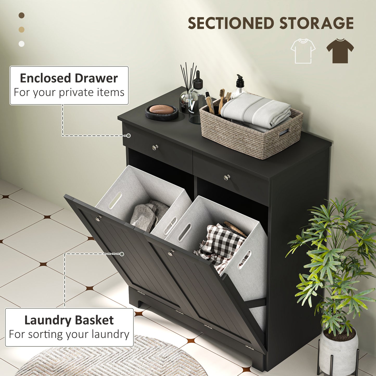 Tilting laundry basket cabinet with 2 baskets and 2 drawers, black
