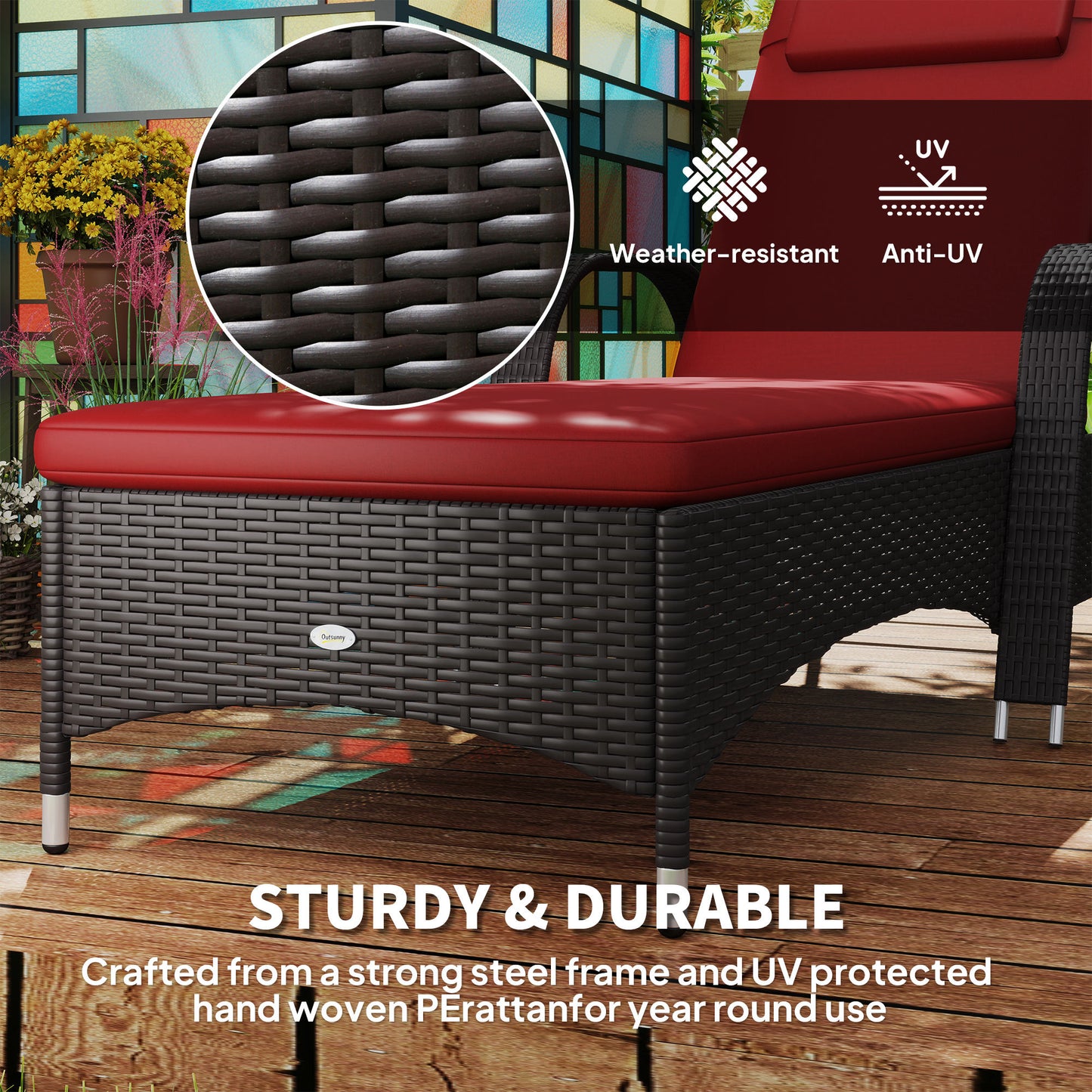 Outsunny Outdoor Sun Lounger, Lounge Chair with Headrest, 5 Level Adjustable, Backrest, Casters, Deep Coffee and Wine Red |