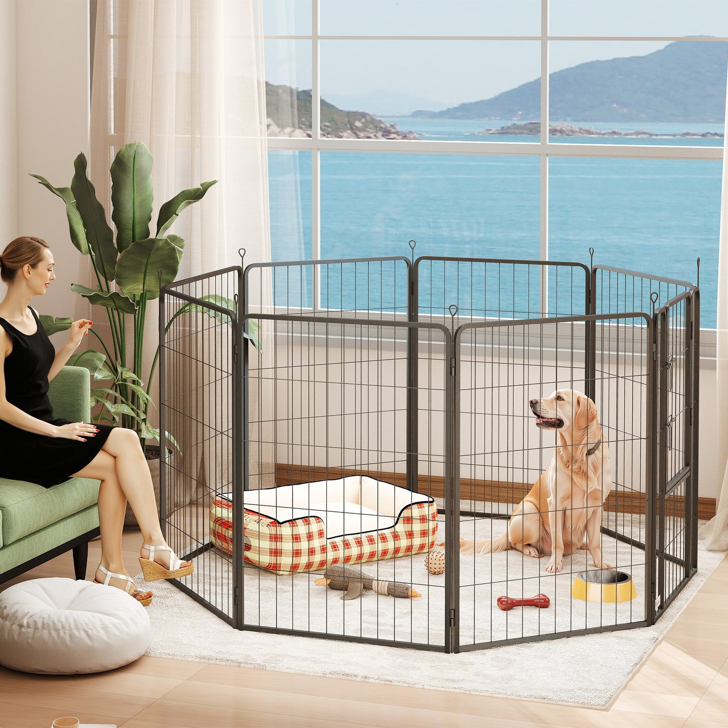 Parc pour chien PawHut 99 cm, intérieur/extérieur, portable et pliable, 8 panneaux, avec porte et sangle, pour grands chiens