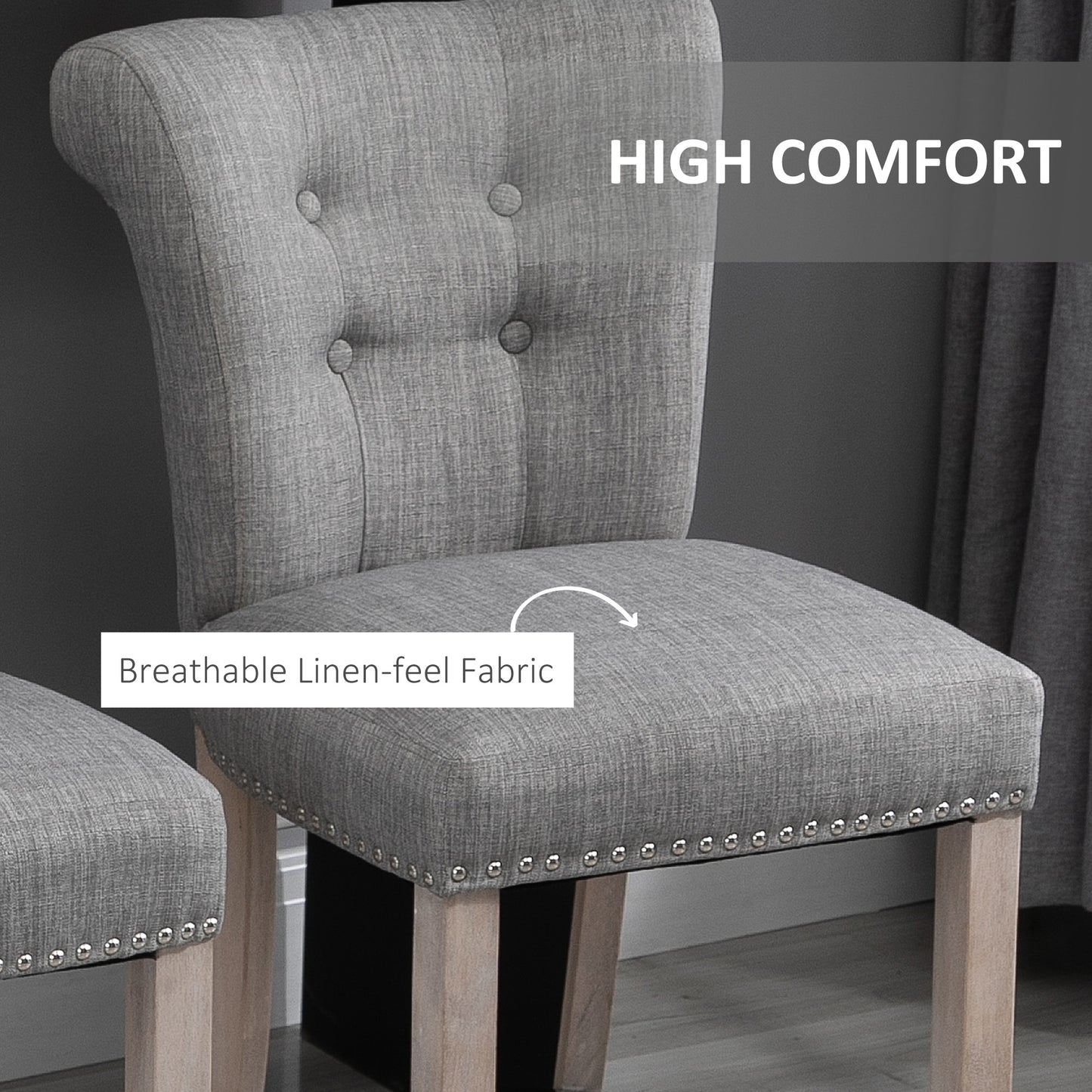 Set of 2 Upholstered Counter Height Bar Stools with Tufted Backrest, Wooden Legs and Footrest, Grey