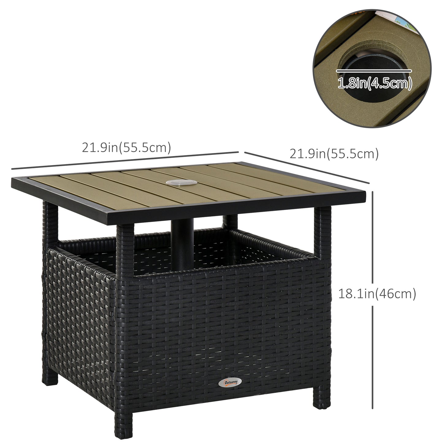 Outsunny 55cm Square Rattan Table with Umbrella Hole, Outdoor Dining Side Table, Can Be Used as an Umbrella Stand, Black
