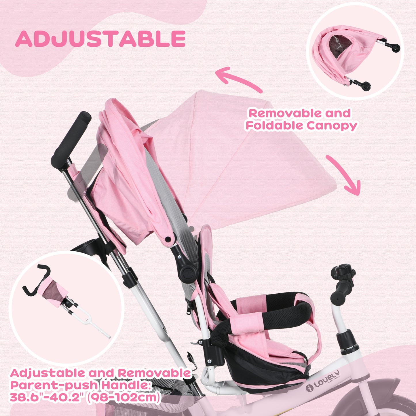 6 in 1 Toddler Tricycle for 1-5 Years Old with Parent Handle, Pink