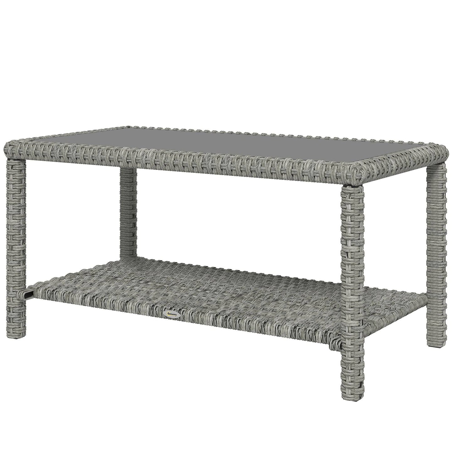 Table basse d'extérieur 35" en osier avec plateau en verre et étagère de rangement, gris foncé