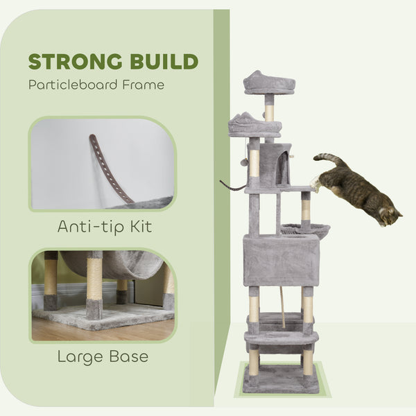 Large 205cm Cat Tree with Scratching Posts, Cabins, Beds, Hammocks, Light Grey