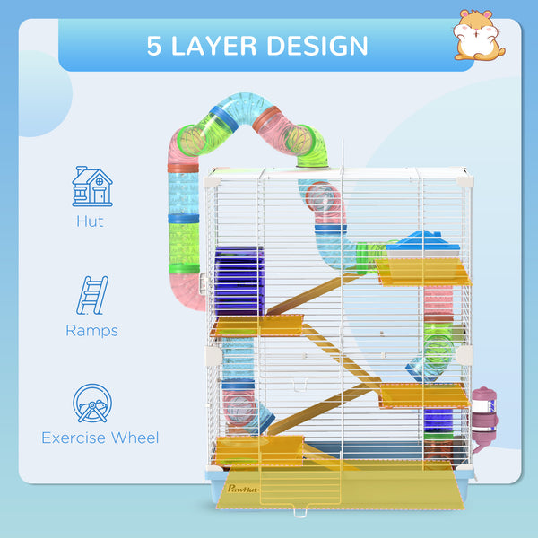 Cage pour hamster portable 5 niveaux avec roues d'exercice, tube de jeu, bouteille d'eau, gamelle, échelle pour gerbilles, bleu clair