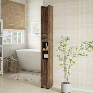 Meuble de salle de bain étroit, haut avec portes de grange, tiroir et étagères réglables, aspect bois brun