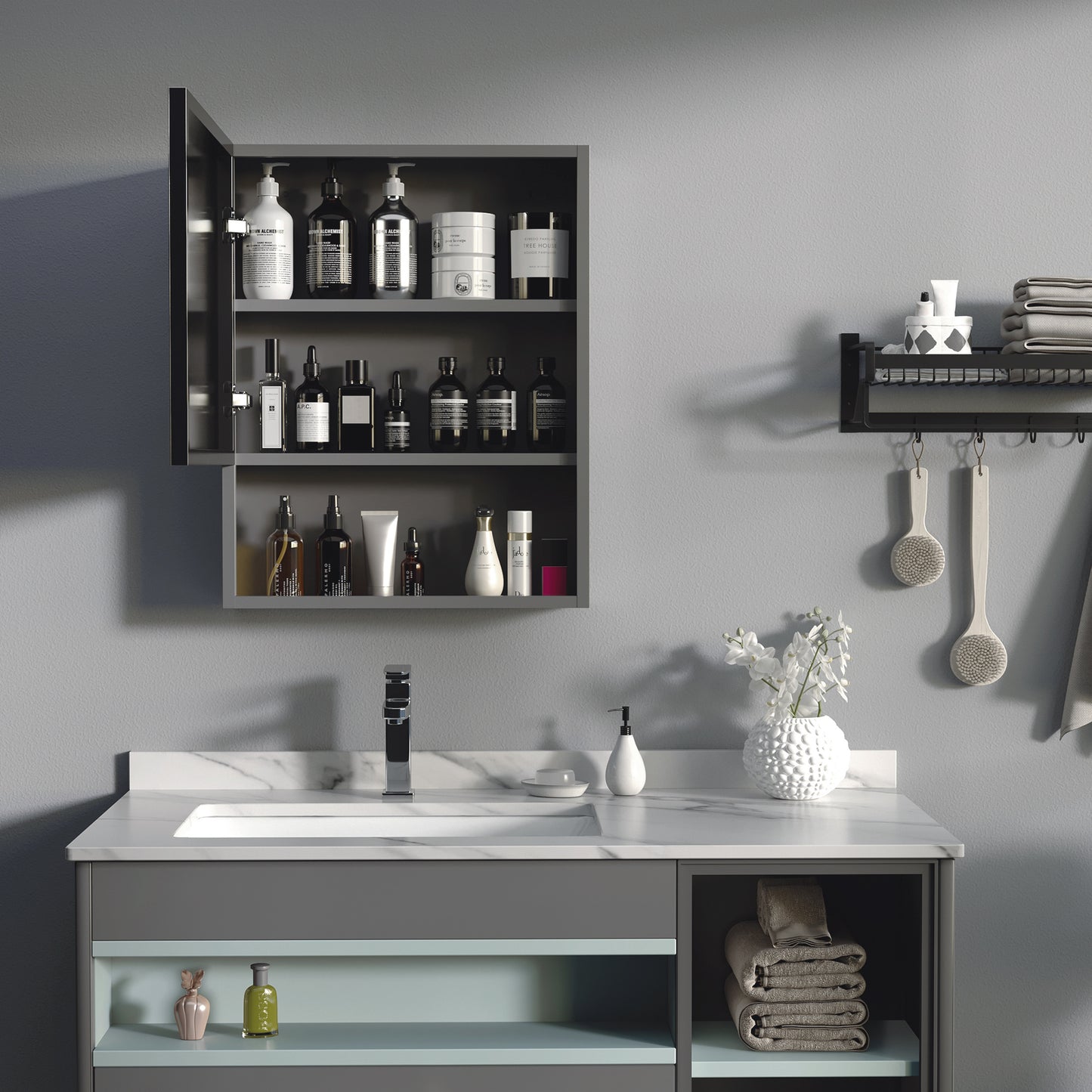 Armoire à miroir murale avec porte simple, étagères de rangement et cadre en acier inoxydable, noire