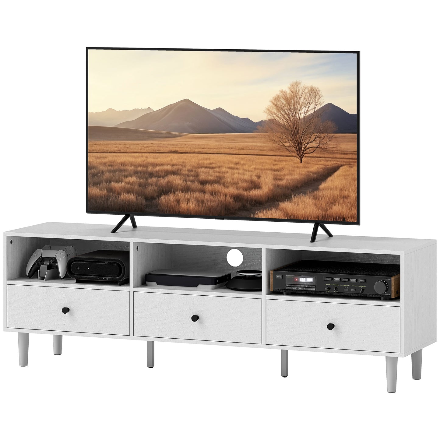 Meuble TV jusqu'à 75 pouces avec 3 étagères de rangement et 3 tiroirs, blanc