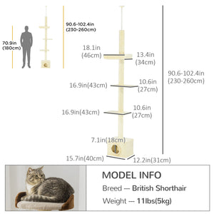 Arbre à chat du sol au plafond avec griffoir, maison et lit, beige