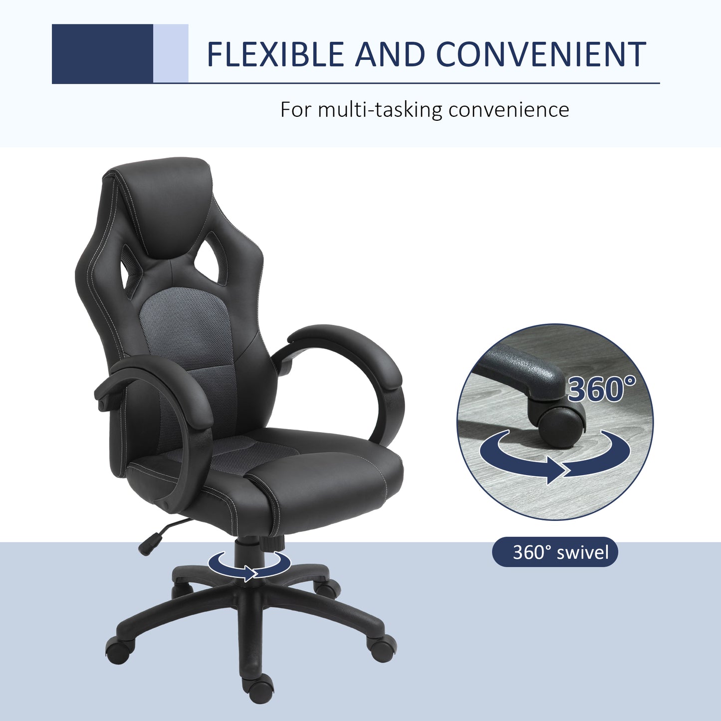 Racing Gaming Office Chair with Swivel Casters, Padded Headrest and Tilt Function, Grey