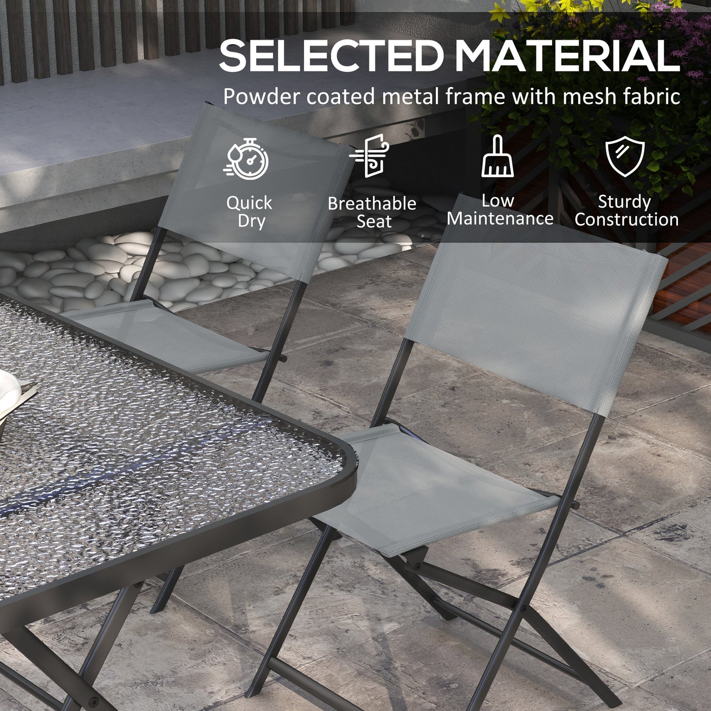 5 Piece Folding Garden Dining Set with 4 Seater Chairs and Large Rectangular Glass Table, Grey