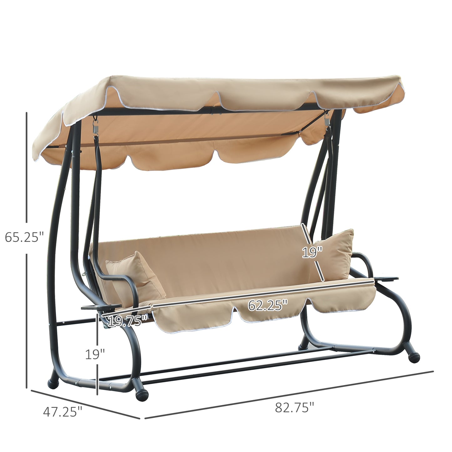 3-seater outdoor swing, convertible into a bed, removable cushions and cup holder, beige