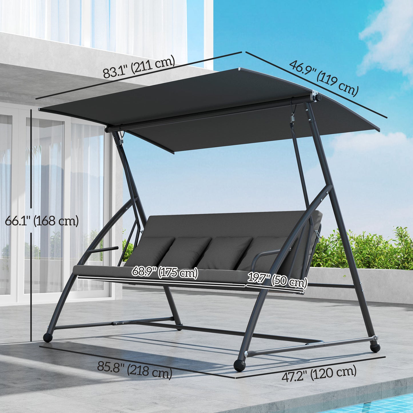 Outsunny Patio Swing Chair, 3 Person Convertible Hammock, Outdoor Swing Lounge Bed, Cushioned with Tilt Canopy, Dark Gray |