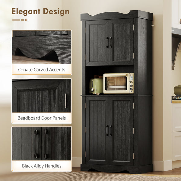 Armoire de cuisine avec 12 étagères de porte et support pour micro-ondes, noir