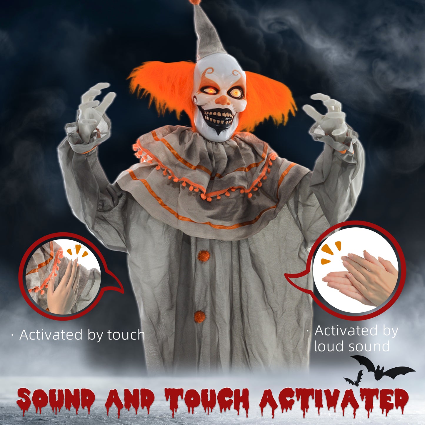 Clown classique orange grandeur nature 1,80 m, décoration d'Halloween d'extérieur, animatronique, activé par le son et le mouvement, avec yeux lumineux