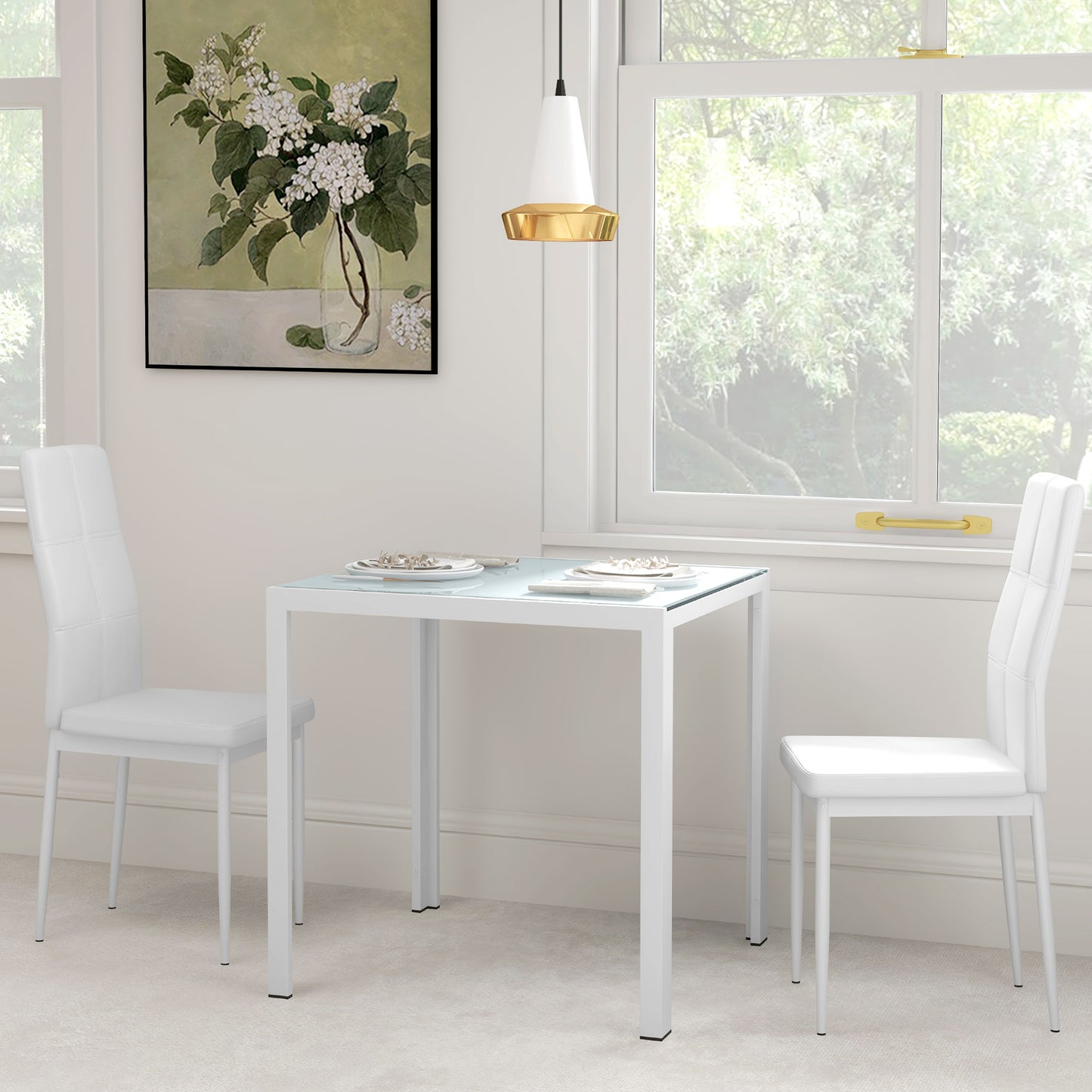 Ensemble de tables et chaises en verre avec structure en métal et revêtement en similicuir pour salle à manger, blanc