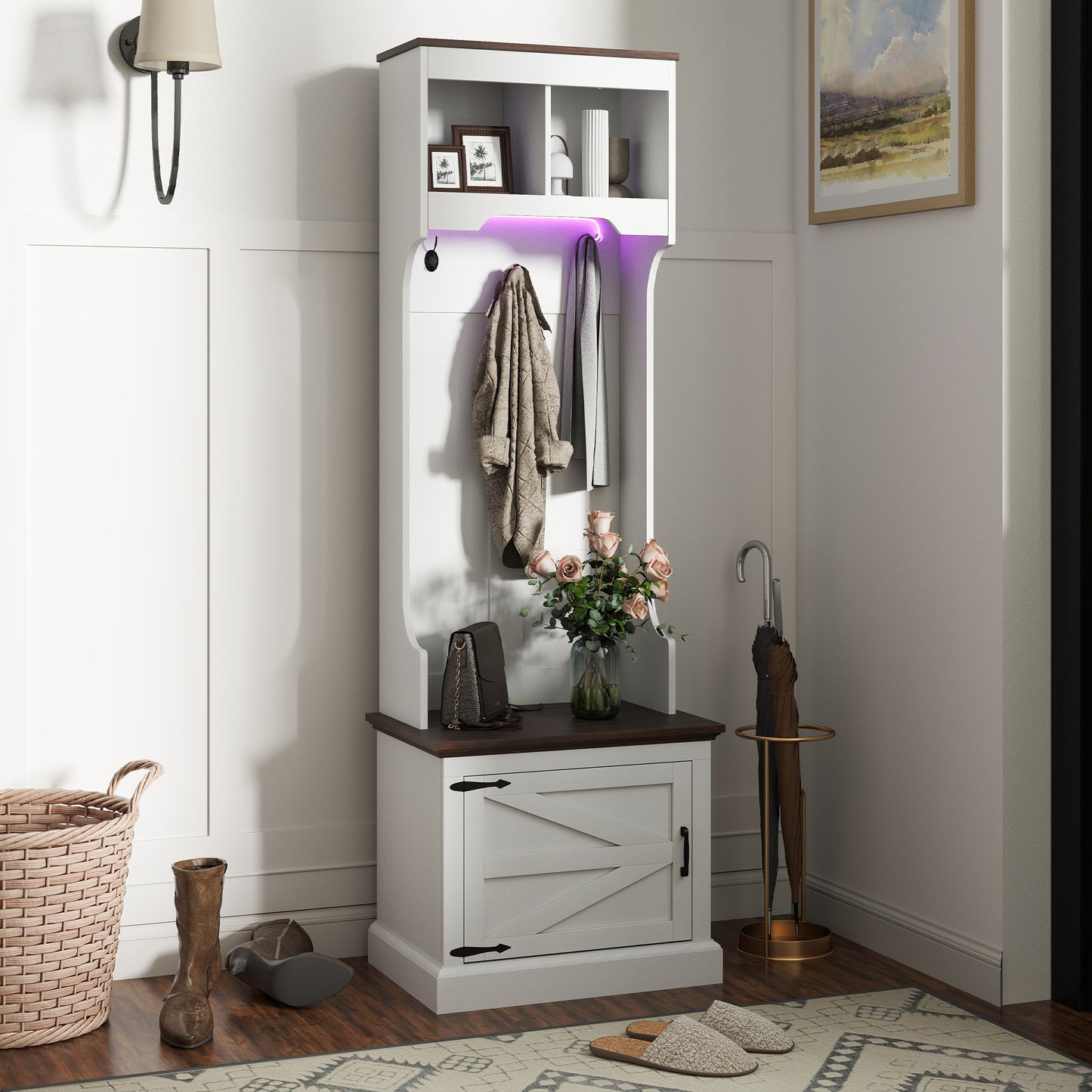 Meuble d'entrée 3 en 1 avec éclairage LED et banc, porte-manteau et rangement pour chaussures, grain de bois blanc