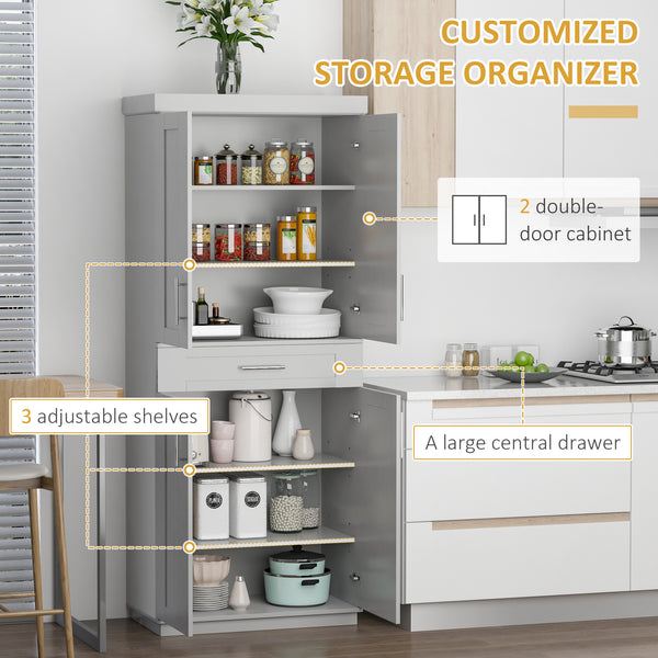 Garde-manger de 72 pouces avec 4 portes, tiroir et 3 étagères réglables, gris