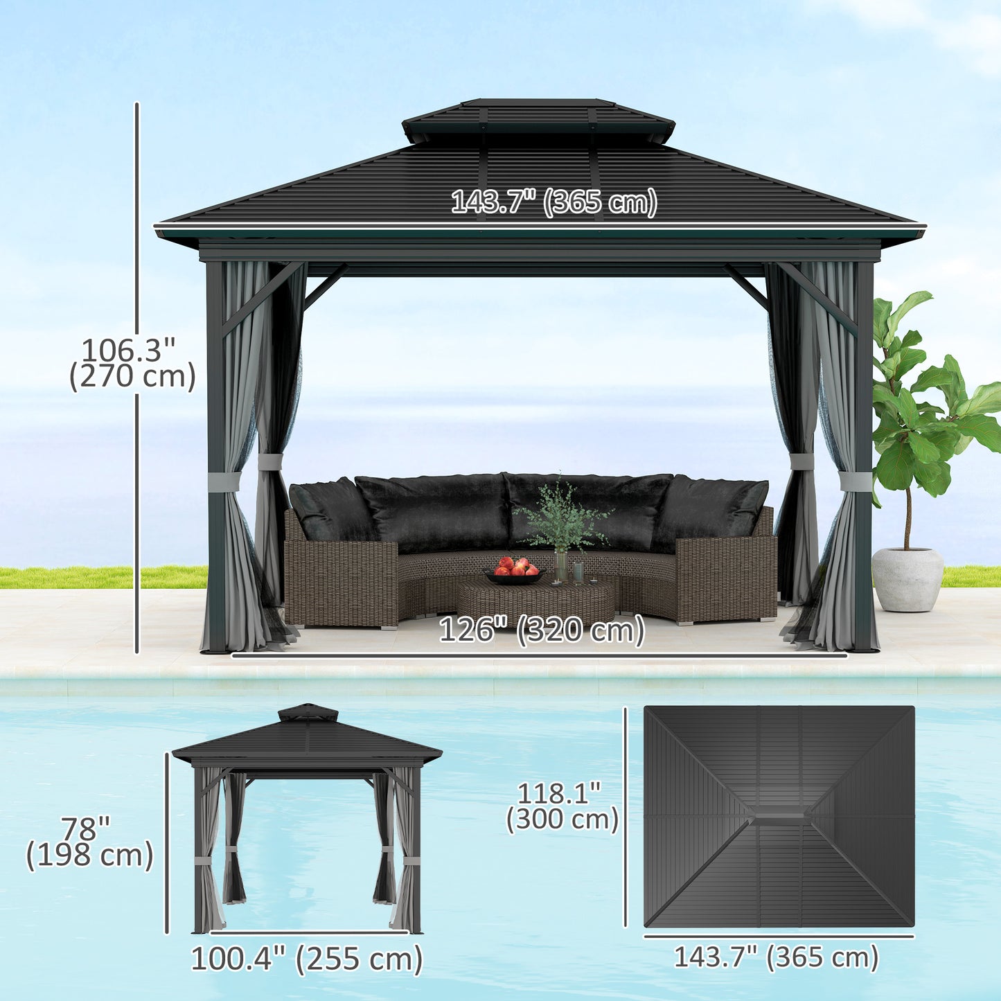 Gazebo 10' x 12' à toit rigide métallique à deux niveaux, moustiquaire et crochet de suspension, gris clair